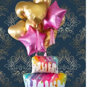 Birthday Cake Balloon Bouquet – Gold Drip