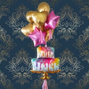 Birthday Cake Balloon Bouquet – Gold Drip